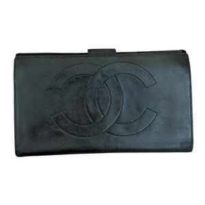 Chanel Vintage Black Leather CC Logo Long Wallet With COA Lambskin